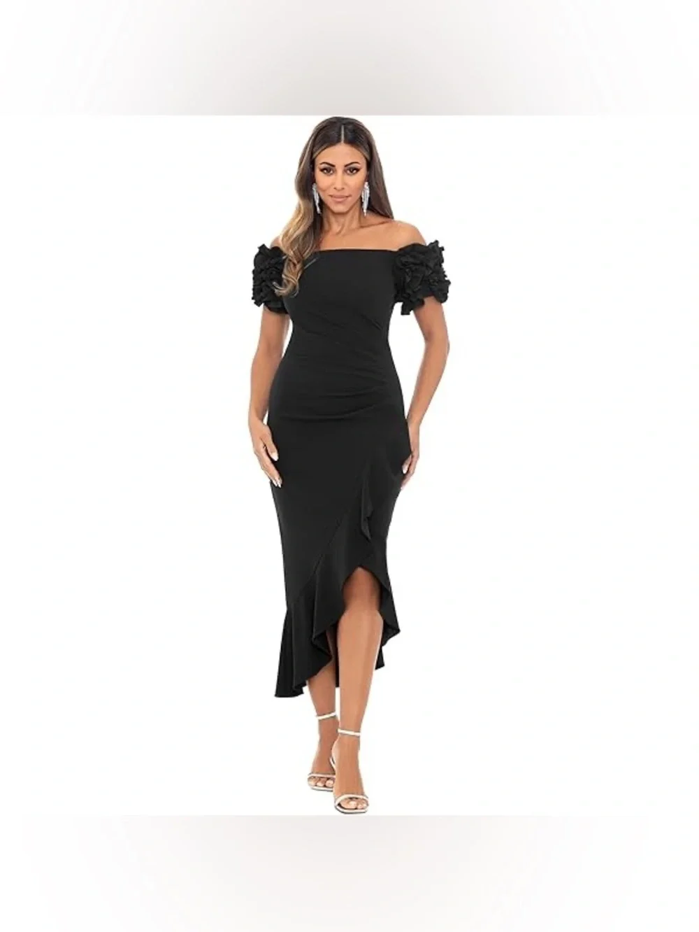 Xscape Womens Off The Shoulder Ruffle Sleeve Midi Dress